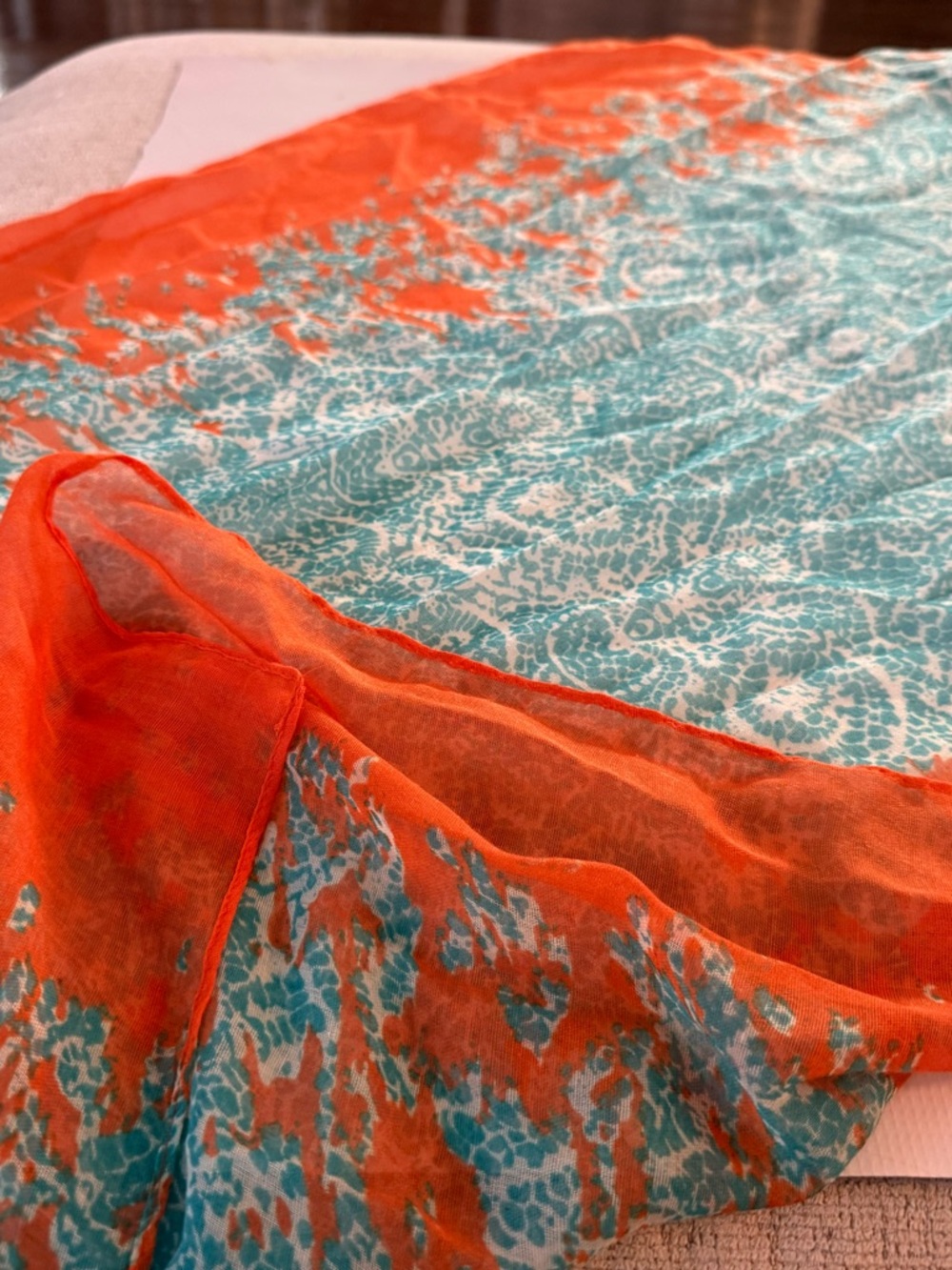Vibrant Orange & Teal Semi Sheer Lightweight Scarf Shawl Wrap